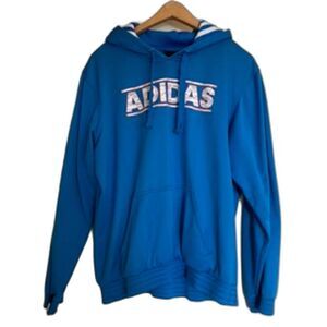 ADIDAS Blue Hoodie MEDIUM Striped Hood Logo Graphic Long Sleeve Sport Sweatshirt